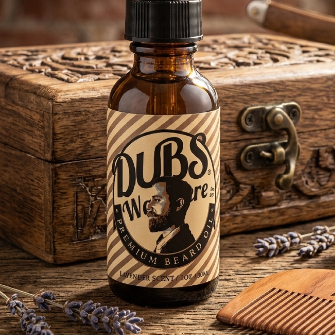 DUBS Premium Beard Oil, styled barbershop scene