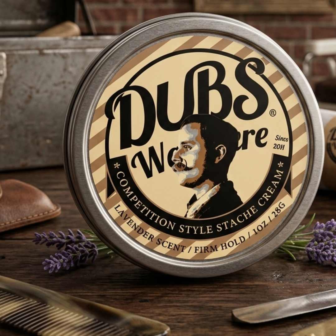 DUBS Competition Style Stache Cream tin, styled barbershop scene